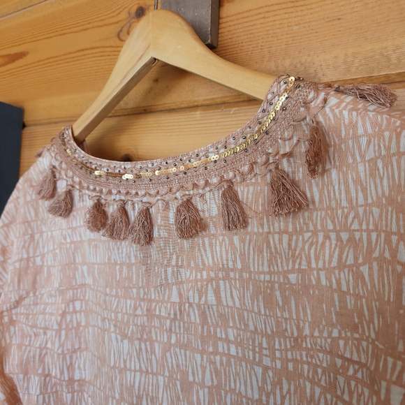 J Crew 💜 Sea Grass Peach Top Tassle Fringe Sequin Bead Trim Shirt Semi Sheer 6 - Picture 9 of 11